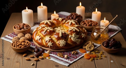 Festive bread centerpiece with candles and various food items on a wooden table.
