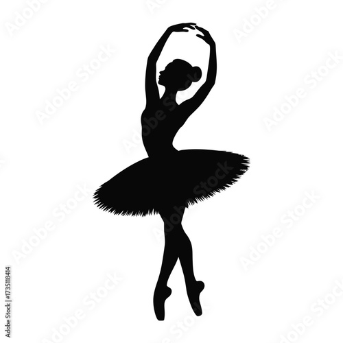 Black silhouette of a graceful ballerina in a tutu dancing white dance
