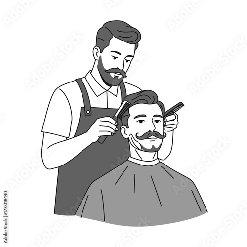 Barber styling client flat illustration representing haircut, grooming, professional hairdresser, and barbershop work