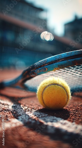 Tennis Racket And Ball On Court