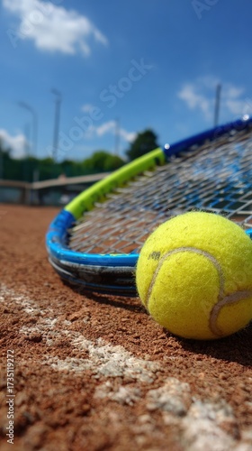 Tennis Racket And Ball On Outdoor Court