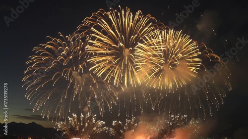 Exploding golden fireworks illuminate the dark night sky, creating a dazzling display of light and celebration.
