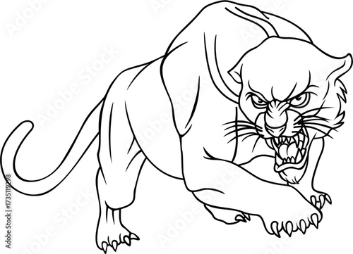 Fierce Panther Line Art Illustration. Aggressive Big Cat Mascot with Snarling Face, Bared Teeth, and Claws in Predator Stance.