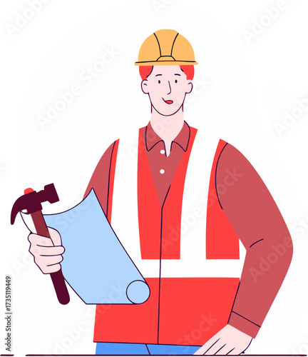 Construction Foreman With Blueprint and Hammer at Building Site Overseeing Project Development