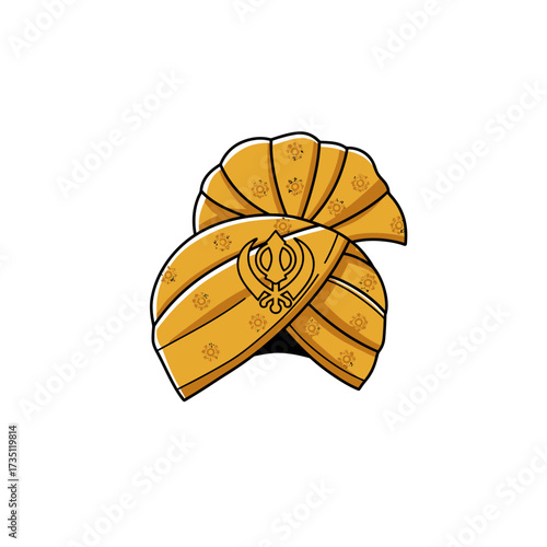 Golden turban illustration, Sikh culture, Indian traditional headwear and religious identity concept vector design