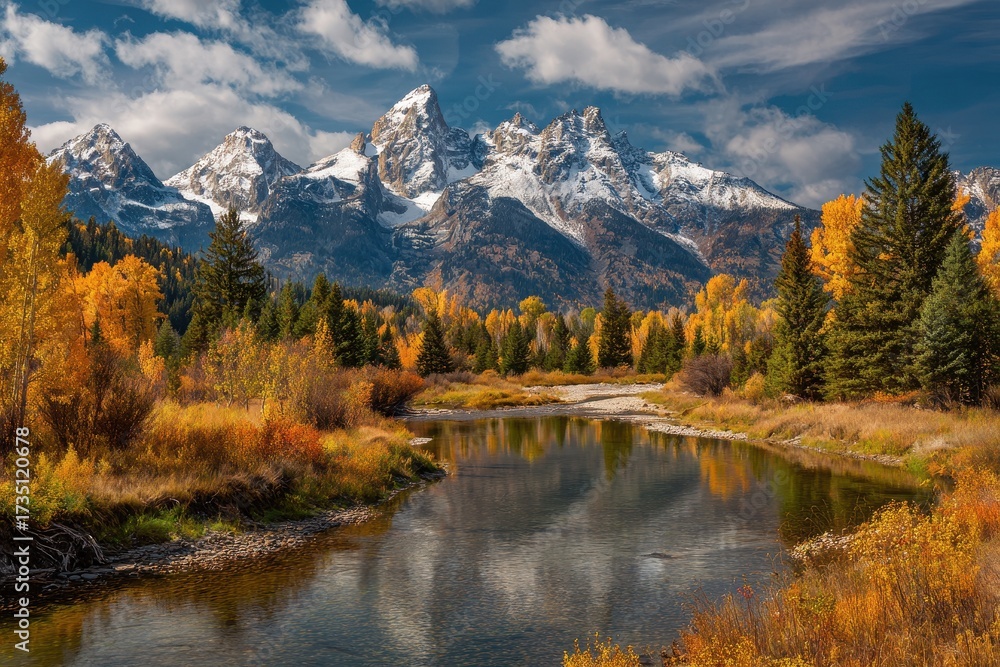 Obraz premium A majestic mountain peak with snow covered in bright blue sky surrounded by golden autumn trees and lake in the foreground