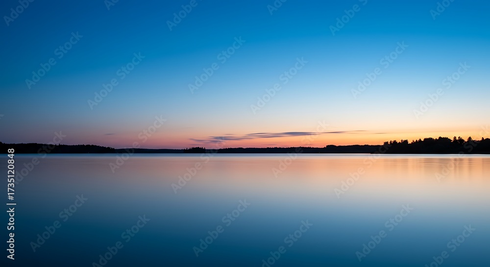 Naklejka premium Serene waterscape at dusk reflecting the colorful sky with minimalist composition