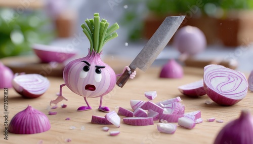 Cartoon Onion Character with Knife on Cutting Board, Depicting Food Preparation and Culinary Arts in a Humorous Style, Suitable for Recipe Illustration : Generative AI