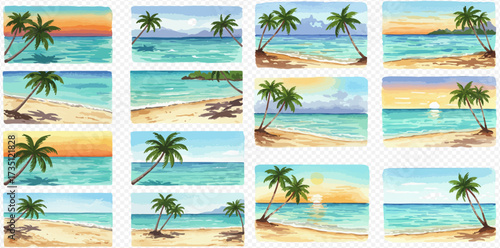 A collection of watercolor illustrations depicting various tropical beach scenes with palm trees, sandy shores, and turquoise waters under different sky conditions.