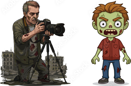 Zombie photographer taking pictures with camera tripod in apocalyptic city ruins and funny cartoon zombie character illustration for horror artwork