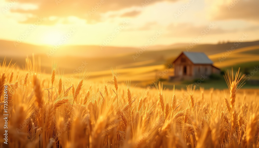 Obraz premium Golden sunset light bathes a field of ripe wheat, an old rustic structure sits on a distant hill