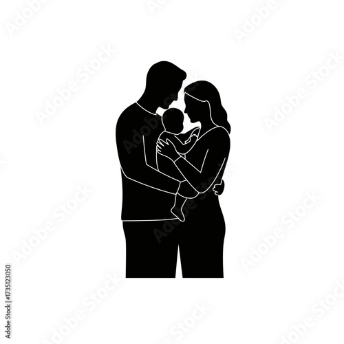 Romantic couple hugging in love silhouette, intimate relationship, passion and affection concept black vector design