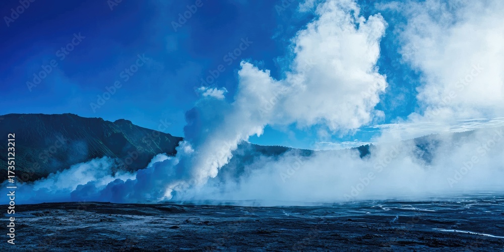 Naklejka premium A volcanic eruption with billowing smoke and steam, against a clear blue sky. The scene is set in a mountainous 