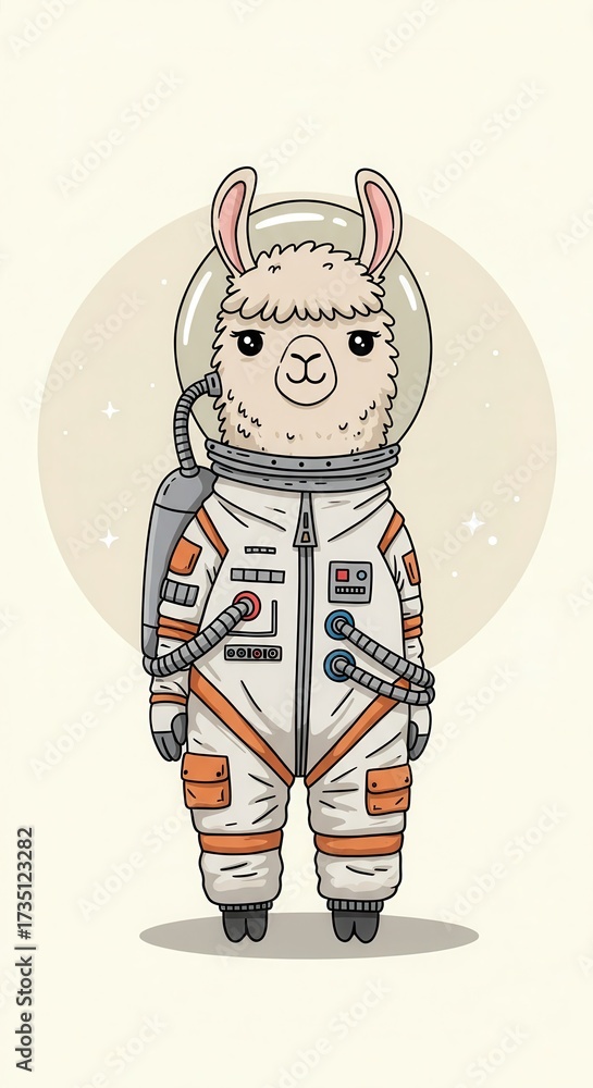 Fototapeta premium Adorable llama character dressed in a detailed astronaut spacesuit, presented in a whimsical cartoon style against a soft beige backdrop with subtle star elements for a space-themed composition,...