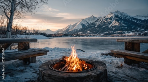 Wallpaper Mural A cozy campfire burns brightly beside a frozen lake, with majestic mountains in the background. The sky transforms with vibrant sunset colors, creating a tranquil atmosphere. Torontodigital.ca