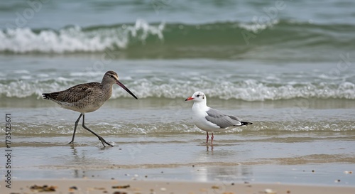 Shorebirds on sandy beach avian species by ocean waves natural daylight
