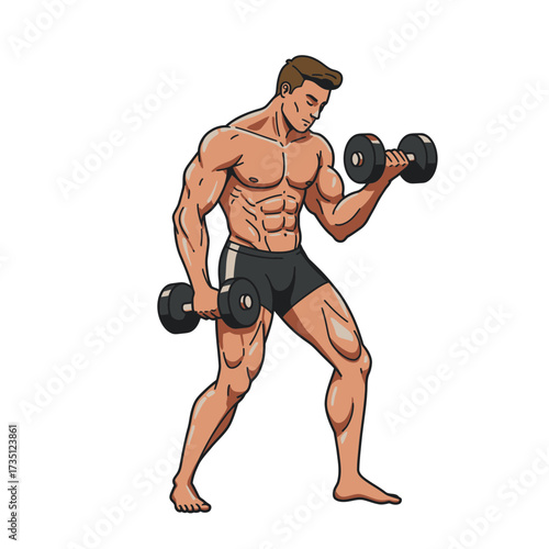 Strong Muscular Man Lifting Dumbbells Illustration for Fitness, Gym Workout and Bodybuilding Design