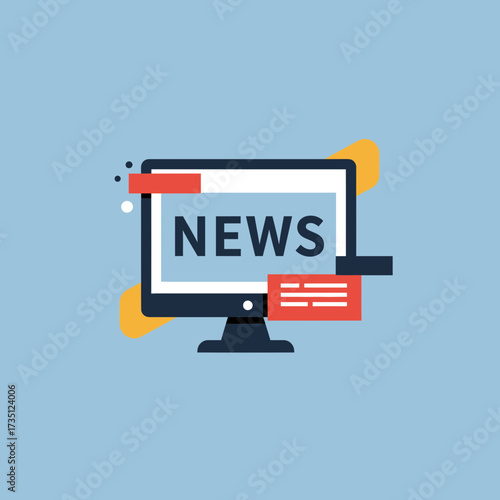 Online breaking news flat illustration with computer screen, live update banner, and digital media concept