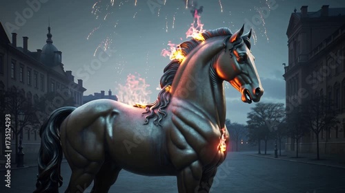 Bronze horse statue engulfed in flames stands on a city street with fireworks exploding in the night sky.