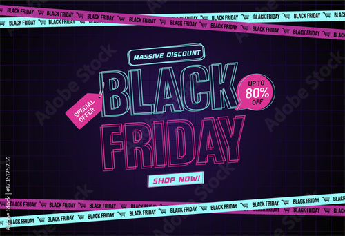 Modern neon Black Friday sale poster banner with glowing typography, discount offer up to 80% off. Perfect Black Friday promo, ecommerce, retail, and online store promotions.