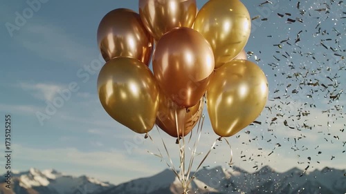 A cluster of gold and bronze balloons floats against a backdrop of snow-capped mountains and a clear blue sky, with confetti falling around them.