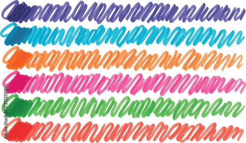 Colorful marker scribbles create a vibrant, textured pattern with purple, blue, orange, pink, green, and red hues on paper.