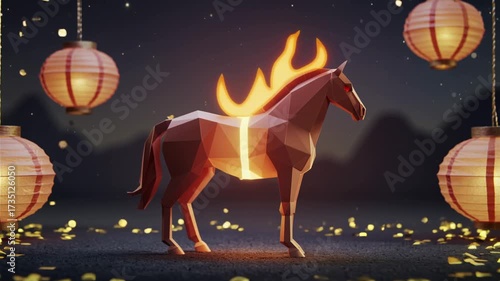 Low poly horse with flames on its back, surrounded by glowing lanterns, against a dark, mountainous background, creating a mystical, celebratory atmosphere.