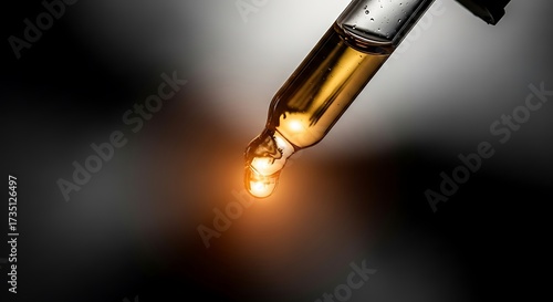 Close-up of a dropper with a glowing golden liquid drop against a dark background.