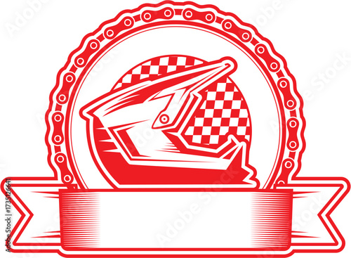 Motocross Helmet Racing Emblem. Vector Graphic with Bike Chain Border and Blank Banner. Extreme Sports, Off-Road Adventure Design.