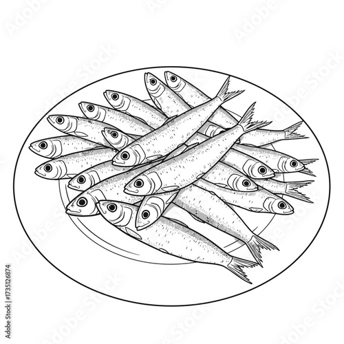 Pile of Small Fishes – Fresh Seafood Illustration of Anchovies or Sardines on White Background for Marine Concept