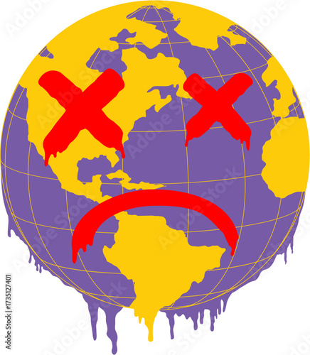 Distressed Melting Earth Globe Icon with Sad Face and Red X Eyes, Environmental Crisis and Global Warming Concept