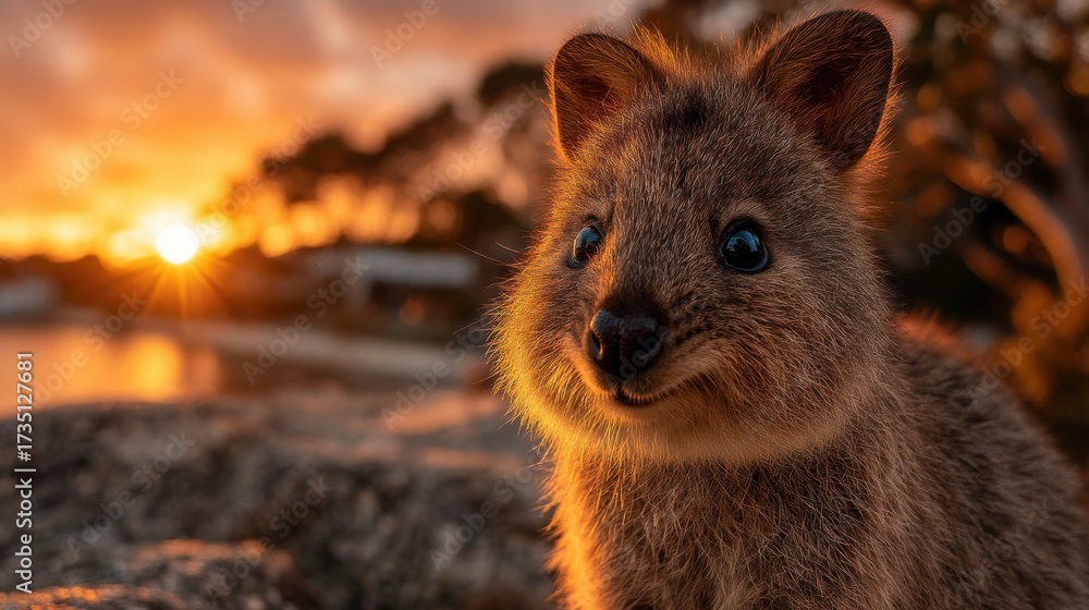 Naklejka premium Smiling Quokka Portrait at Sunset, Representing Australian Wildlife Conservation and Tourism Promotion : Generative AI