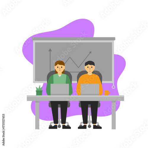 Flat Vector Illustration of Two Office Workers Working with Laptops, Presentation Boards, and Charts. Suitable for Teamwork, Business, dan Office