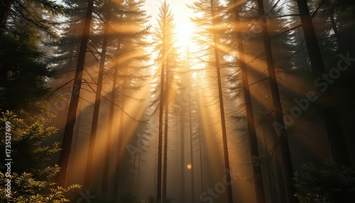 Sunlight pierces through tall trees in a dense forest, casting bright rays onto the foliage creating a beautiful, natural atmosphere
