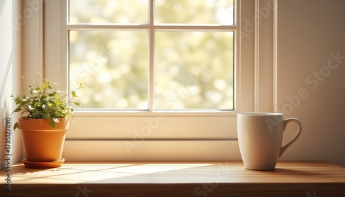 Mug and potted plant sit on a wooden surface near the window in soft light during the day in a cozy interior setting
