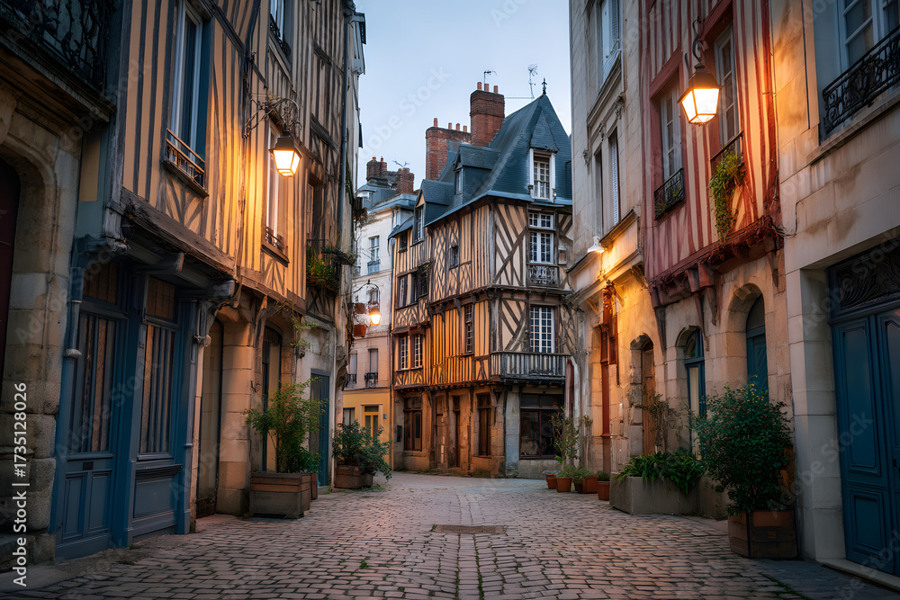 Fototapeta premium Ultra Detailed Editorial Photograph of a Charming Street in Bouffa Showcasing Historic Architectural Beauty at Dusk