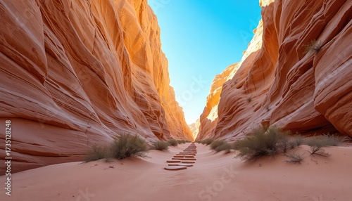Pathway through tall rock formations under a clear sky showing landscape details and small vegetation on the sides