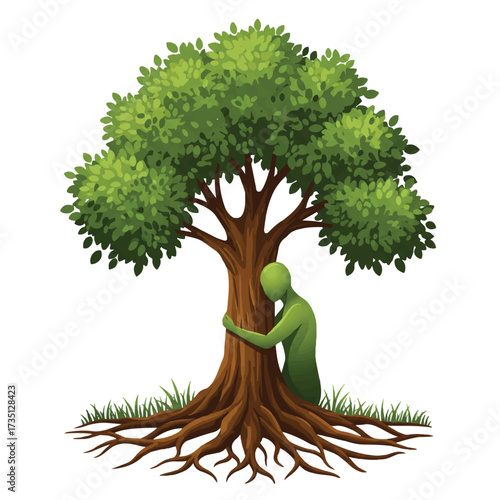Illustration of a green figure hugging a tree with large roots and lush green leaves.