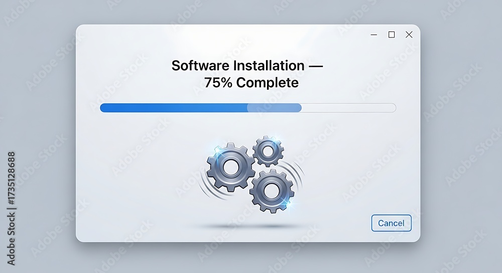 Naklejka premium Software installation progress bar at 75 percent complete with spinning gears, symbolizing process and completion