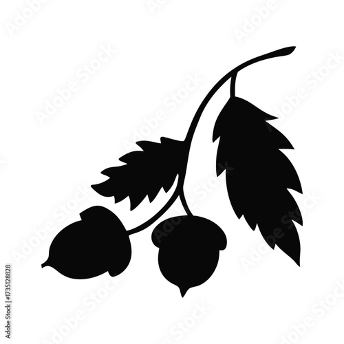 Acorn Branch with Leaves Black Silhouette Vector