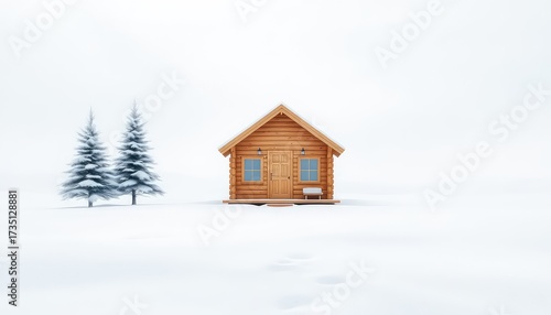 Cozy wooden cabin nestles in a peaceful, snowy landscape with two evergreen trees and a blanket of fresh white powder