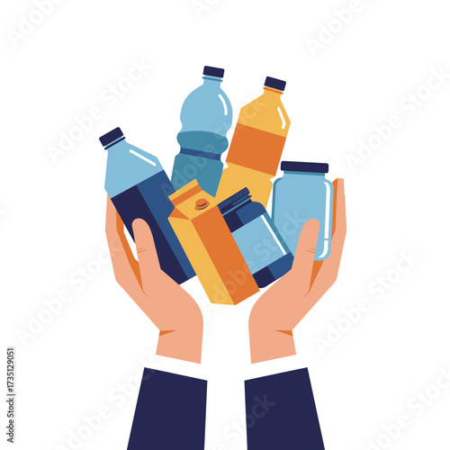 Hands holding plastic bottles for recycling – eco-friendly waste management illustration