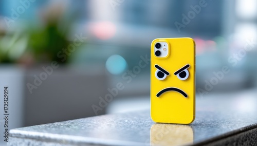 Yellow Smartphone Case With Angry Emoji Face, Representing Frustration and Negative Feedback for Customer Service or Social Media Management : Generative AI
