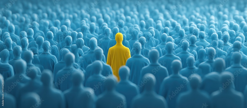 Obraz premium Yellow Figure Standing Out From Blue Crowd, Representing Leadership and Individuality in Business and Recruitment : Generative AI