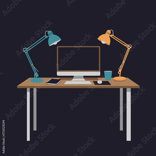 Desk with working lamp – creative workspace and study environment illustration