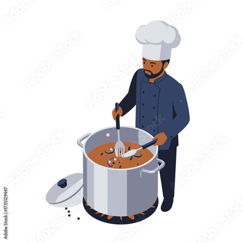 Chef cooking in kitchen – culinary profession, food preparation, and gastronomy illustration