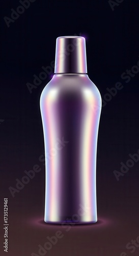 This digital illustration presents a sleek, futuristic bottle design rendered in a shimmering, iridescent metallic finish, creating a captivating and elegant visual effect against a dark backdrop.