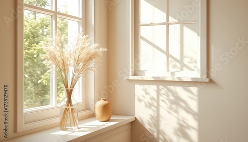 Serene interior scene featuring pampas grass in a vase on a sunlit windowsill with an abstract vase near a window