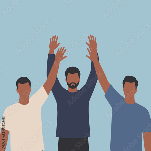 Group of diverse friends raising hands – teamwork, celebration, and social unity illustration