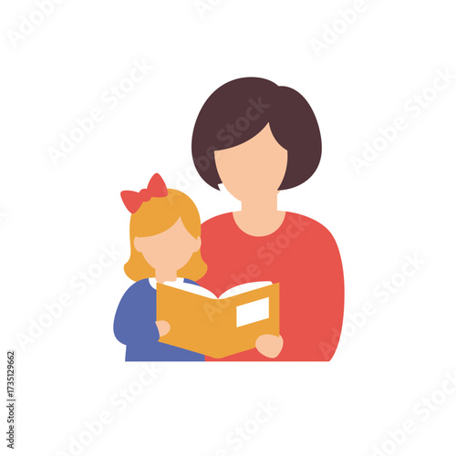 Mother reading bedtime story to child – family bonding and early childhood education illustration